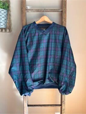 Vintage Plaid V-Neck Golf Pullover Windbreaker - Teal & Navy